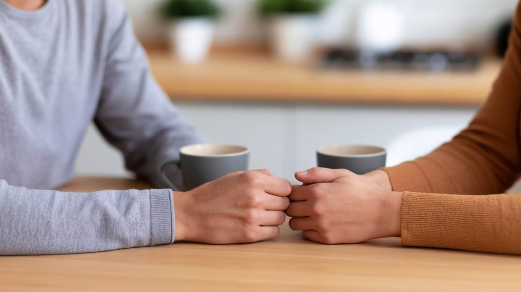Romantic Couple Holding Hands at Modern Kitchen Table Sharing De Romantic Couple Holding Hands at Modern Kitchen Table Sharing De